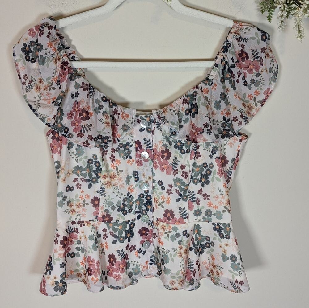 Tularosa Waverly Floral Cropped Top Button Ruffle Off Shoulder